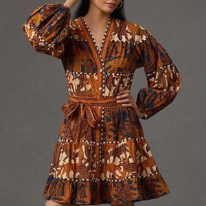 Farm Rio Long-Sleeve V-Neck Printed Mini Dress - Brown